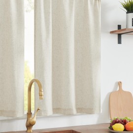 TOPICK Kitchen Panel Curtains, Linen Kitchen Curtains, Farmhouse Window Curtains, Short for Living Room, Bathroom, Laundry, Half Window Curtains, Light Filtering, 65 W x 60 H (cm) Set of 2, Natural