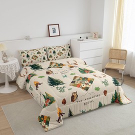 Outdoor Adventure Bedding Set Twin Size Wild Owl Animals Plants Comforter Set Camping Cabin and Campfire Quilt Set 2pcs for Kids Youth Women Men Room Decor Cartoon Duvet Insert,1 Pillowcase