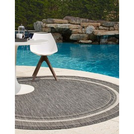 Unique Loom Outdoor Border Collection Area Rug - Soft Border (3' 1" Round, Black/ Ivory)