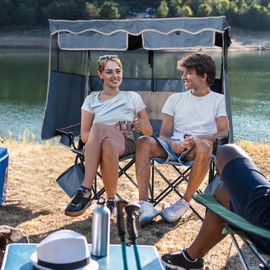 Double Beach Chair With Canopy Shade Camping Chair With Canopy Oversized Camping Chair With Removable Roof Folding Loveseat Chair With Two Cup Holders and Cooler Bag For Camping,Beach, Fishing