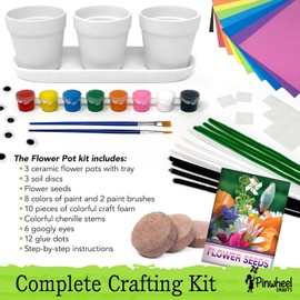 Pinwheel Crafts Flower Pot Painting Kit – Paint Your Own Kids Gardening Set with Seeds, Soil, 8 Paints, 2 Brushes & 3 Pots, DIY Plant Growing Kit for Kids Ages 8-12+, Kid Gardening Set