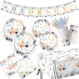 Pumpkin Gender Reveal Decorations Tableware, 142 Pcs Fall Gender Reveal Decorations includes He Or She What Will Our Pumpkin Be Plates and Fall Napkins, Pumpkin Gender Reveal for Fall Baby Shower