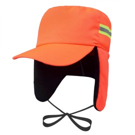 Reflective Safety Winter Trapper Hat Fleece Lined Earflaps Warm Baseball Cap for Outdoor Worker Skiing (UK, Alpha, One Size, Orange)