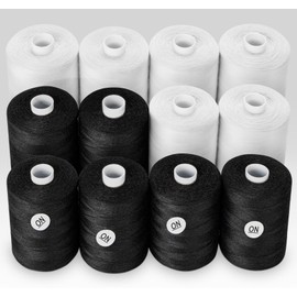 ilauke Sewing Thread, 12 Spool All Purpose Polyester Sewing Thread, Each 1000 Yards Sewing Thread for Hand Sewing,Quilting,Sewing Machine, 2 x White & 2 x Black