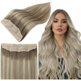 Full Shine Fish Wire Hair Extensions for Women Real Human Hair Color 19/8/60 Ash Brown Ombre Platinum Blonde Balayage Secret Fishing Line Hair 70 Grams Hidden Wire Hair Extensions 12 Inch