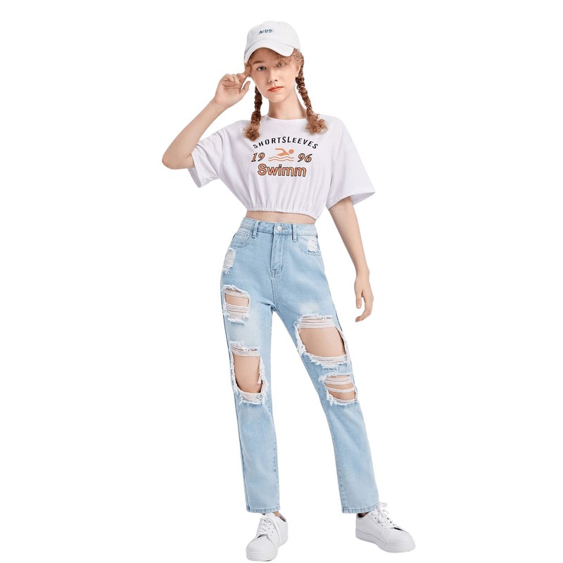 SweatyRocks Teen Girl's High Waisted Straight Leg Ripped Jeans Washed