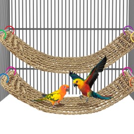 Arfubye 2Pcs 29.5 x 7 inches Large Bird Seagrass Mat Grass Woven Net Parrot Hammock Mat Parakeet Climbing Rope Ladder with Hooks Bird Cage Accessories for Conure Cockatiel Budgie Macaw Bearded Dragon
