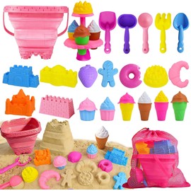 Juguetes de Playa para Niños, Juguetes de Arena 31Pcs Set de Juego de Arena para Niños, Moldes de Castillo y Postres con Cubos Plegables, Kit para Construir Castillos de Arena, Palas y Bolsa de Malla