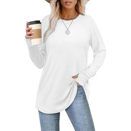 Risipu Womens Casual Long Sleeve T-Shirts Crewneck Loose Fit Tunic Tops Sweatshirts Loose Fit Long Sleeve Sweatshirts Thumbhole Curved Hem(White-L)