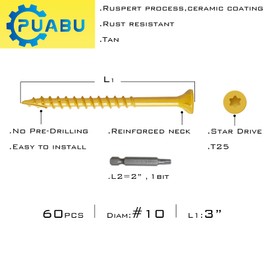 Tan#10 * 3"*60pcs.Box Deck Screws, epoxy Coating, Rust-Proof, Torx/Star Drive Head Deck Screws, T25 Star Drill Head, Brown, Send T-25 Star Drive Drill bit.