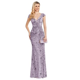 Womens Sequined Long Evening Gown Glamous Sleeveless V-Neck Mermaid Prom Dress for Wedding Party Club Occasions Light Purple XL