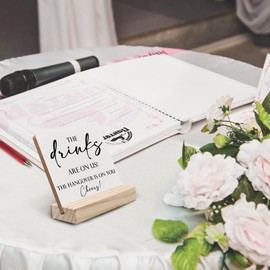 ANIANG Wedding Table Decor, Wedding Signs for Reception, Wedding Decor, Wedding Reception Decorations, The Drinks are on Us Wooden Wedding Plaque Signs with Wood Stand for Wedding Open Bar Decor