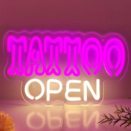 HFHungkeong Pink Tattoo Shop Neon Sign Warm White Open LED Neon Light with Dimmable Switch, Arylic Tattoo Shop Sign, Luminous Banner for Tattoo Salon, Studio, Shop Plaque, 35 x 20 cm