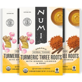 Numi Organic Three Roots Turmeric Tea, 45 Turmeric Tea Bags With Ginger, Licorice, Rose, Caffeine Free
