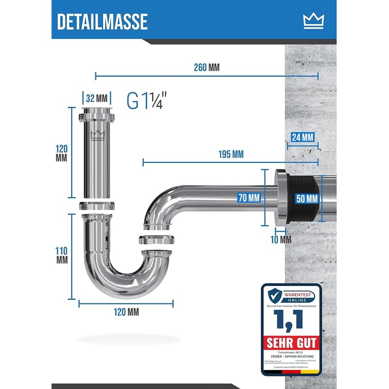 FEINER® Premium Universal Siphon for Sink Brass, Drain Pipe, Immersion