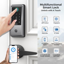 DEVO Wi-Fi Smart Door Lock G6 with Door Handle, 6-in-1 Fingerprint Keyless Entry, APP Remote, Auto-Lock, IP54 Waterproof, Easy Install Smart Deadbolt & Handle Set, Perfect for Front and Bedroom Doors