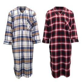 Andrew Scott Men's 2 Pack Lightweight Cotton Flannel Sleep Shirt, Long Henley Nightshirt Pajamas (2 Pack- Red Shadow/Ivory-Blue Plaids, Large)