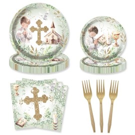 green boy First Communion party plates and napkins and fork