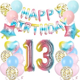 QIHONGC 13th Rainbow Birthday Party Decoration for Gradient color Birthday Balloons Happy Birthday Banner Foil Star Heart Balloons for Party Supplies (13th Rainbow)