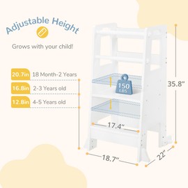 Curipeer Toddler Kitchen Step Stool Helper with Safety Rails, Adjustable Height Toddler Standing Tower for Bathroom, Kitchen Counter, Bedroom (White)