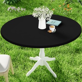 Moosfor Round Spandex Table Cloth, Elastic Fitted Waterproof Tablecloths for 36"-44" Tables, Stretch Washable Picnic Table Cover for Camping, Dining, Indoor and Outdoor, Black