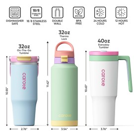 CAROTE 3-Pack Insulated Stainless Steel Water Bottles with Upgraded Leakproof Tech, Car Holder Fit & Scratch-Resistant, 32/32/40 oz Travel Straw Tumblers Set for Home/Car/Outdoor (Macaron)