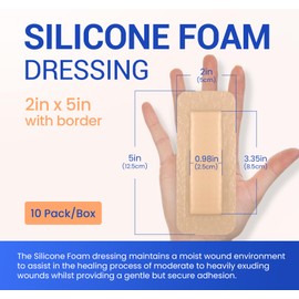 Large Waterproof Bandages 2"X5" Silicone Foam Dressing for Sensitive Skin Wound Care, Adhesive Cohesive Pad with Border for First Aid, Post Surgical and Trauma Care, Sore, Burn, Pressure, Scar Healing