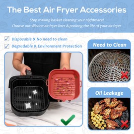 Loveuing Silicone Air Fryer Liners Square - Reusable Airfryer Silicone Basket - Easy to Clean Air Fryers Silicone Pot for 5.8 to 8 Qt Air Fryer Baking Tray Oven Accessories, 8.5 Inch Large(Red)