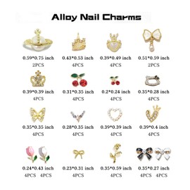 PIYAFU 68Pcs gold Nail Charms And Gems,Luxury Nail Rhinestones 3D Alloy crown Kitty cat heart Bow nail Gems Butterfly Cherry rose tulip flower Charms for Nails Y2k Mix Styles Nail Jewels Decoration
