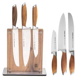 Schmidt Brothers - Bonded Teak, 7-Piece Knife Set, High-Carbon Stainless Steel Cutlery with Midtown Acacia and Acrylic Magnetic Knife Block