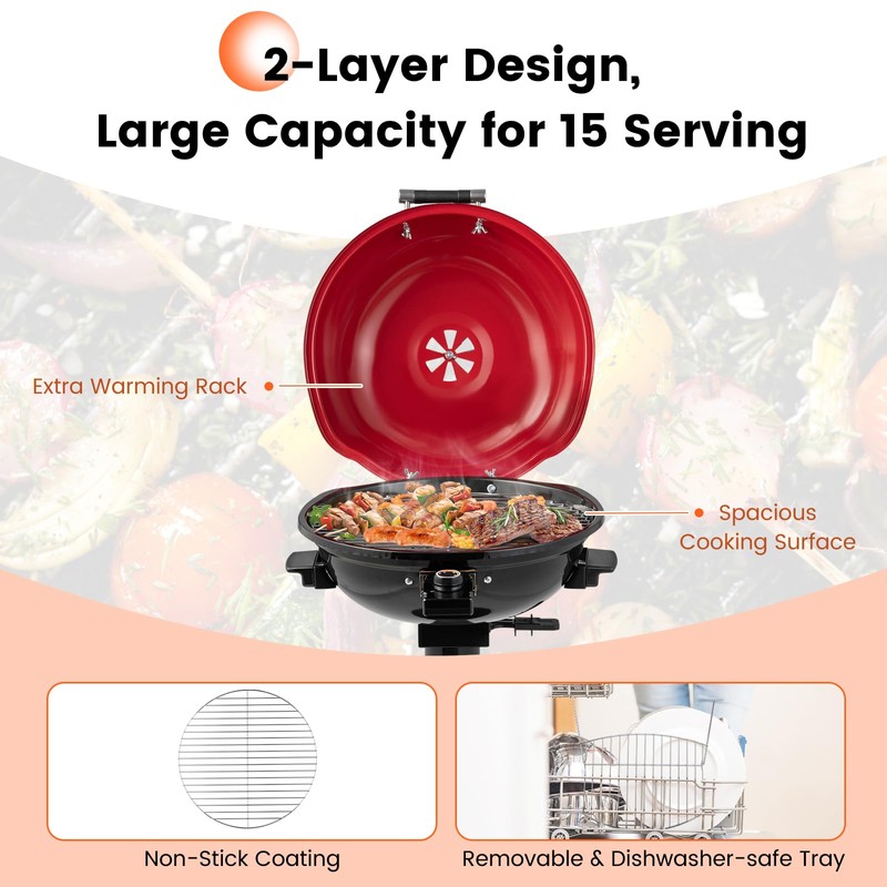 CHEFJOY 1600W Electric Grill Outdoor, 15-Serving Freestanding Camping Grill with