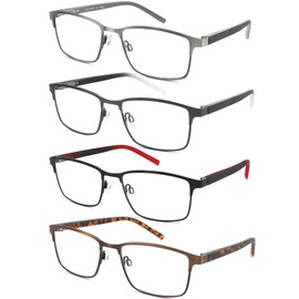 mrbobmslee 4 Pack Reading Glasses for Men, Blue Light Blocking Computer Readers, Anti UV Ray/Eye Strain/Glare, Metal Frame Eyeglasses with Pouches(250 Magnification Strength)
