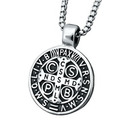 enhong Mens Stainless Steel St Benedict Medal Necklace,Silver Catholic Medalla Cross Demon Protection Roman Exorcism Pendant Ghost Hunter 20 Inch