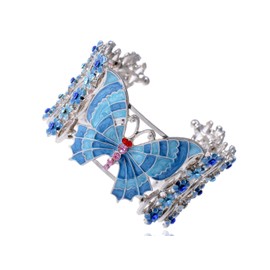 Alilang Silver Tone Blue Enamel Floral Crystal Rhinestone Flower Butterfly Cuff Bangle Bracelet