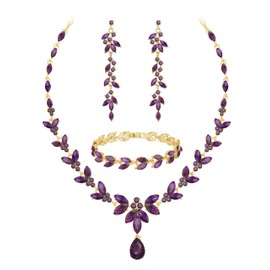 Wedding Jewelry Sets for Bride Bridesmaid Bridal Jewelry Set for Women Wedding Crystal Necklace Earrings Bracelet Set for Party Prom Jewelry (Purple - Gold)
