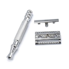 OdontoMed2011® Men's Stainless Steel Manual Shaver Double Edge Safety Shaving Razor Chrome Plated with 5 Pcs Double Edge Razor Blades BTS-319