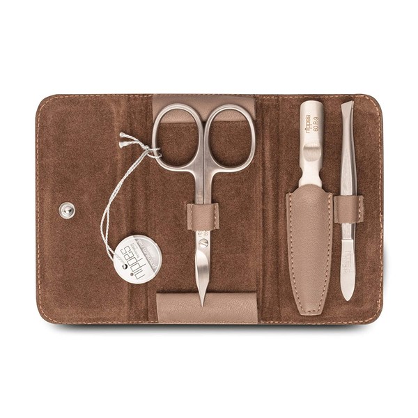 nippes Solingen Premium Line Dove Manicure Set, 3 Pieces, Stainless Steel and Nickel-Free, Cowhide Leather Case with Press Stud, Taupe, Nail Care Set, Made in Germany