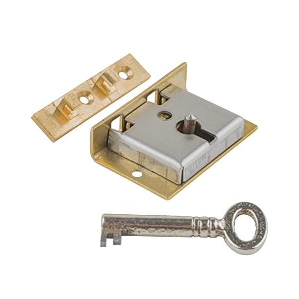 Small Brass Half Mortise Chest or Box Lock w/ Skeleton Key | S-8 (with One Key)