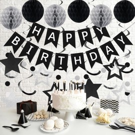 meowtastic Birthday Decorations, Happy Birthday Banner with Honeycomb Balls, Star Hanging Swirl Streamer, Circle Dot Garland, Happy Birthday Party Decoration for Women Men Boys Girls (Black & Silver)
