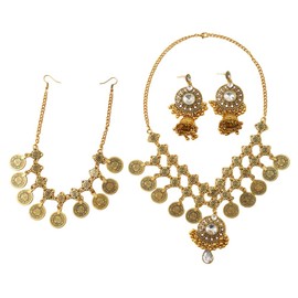 Ancient Golden Indian Coin Jhumka Tassel Choker Necklace Earrings Maang Tikka Set for Women Vintage Oxidized Bohemian Gypsy Ethnic Traditional Crystal Collar Bib Retro Bollywood Statement Wedding