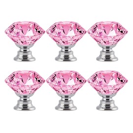 YEMCHI 6 Pack Pink Crystal Cabinet Knobs 1.2" Diamond Glass, Girl Vanity Desk Handles, Cute Bathroom Cabinet Pulls for Dresser Drawer, Decorative Knobs with 3 Size Screws (Clear Pink)