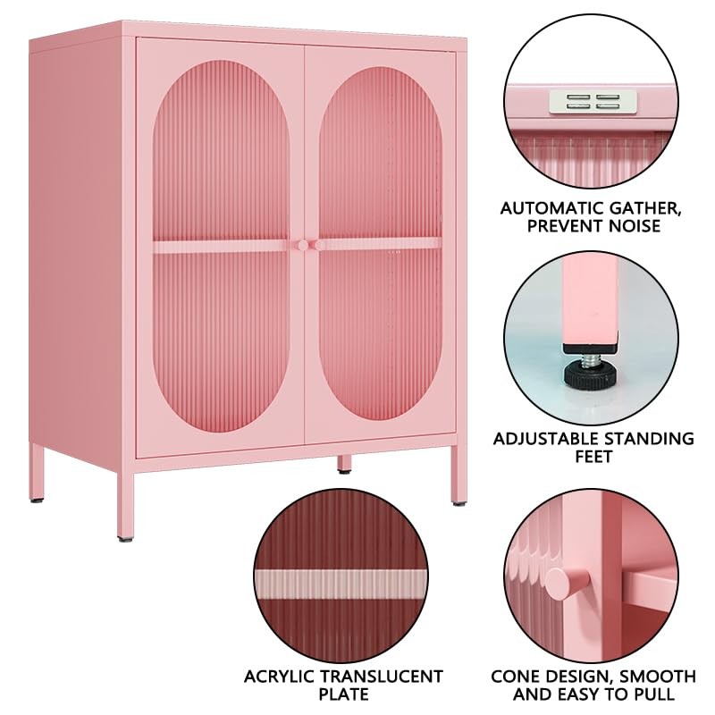 LYMOUYEE 2 Translucent Door Metal Accent Storage Cabinet for Bedroom,