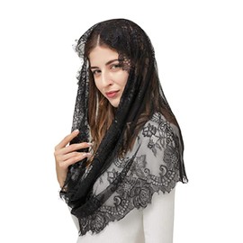 Women Infinity Veil Floral Lace Catholic Chapel Church Veil Latin Mass Mantilla Head Covering Scarf (Black)
