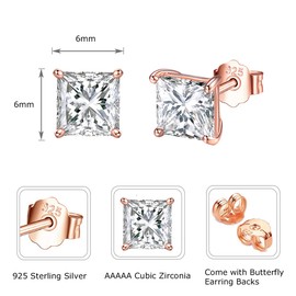 Shuxin Silver Stud Earrings for Women, 925 Sterling Silver Square Stud Earrings, Small Sleeper Cartilage Tragus Studs, 6mm Rose Gold Tiny Princess Cut Cubic Zirconia Stud Earrings, Gift for Christmas