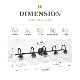 Audickic Bathroom Light Fixtures, 5-Light Matte Black Vanity Lights with Globe Clear Glass, 35 Inch Modern Vanity Lighting Fixtures Over Mirror, AD-22280-5W-BK