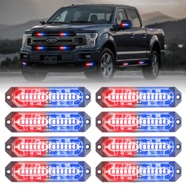 PKINGLAKE 8-Pcs 12 LED Sync Feature Emergency Strobe Grille Lights Ultra Slim Surface Mount Hazard Warning Flashing Light Bar for Firefighter/Construction/Police/Trucks/Vehicles/Car/SUV (Red/Blue)