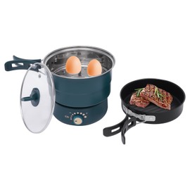 Mini Hot Pot Portable Electric Hot Pot with Foldable Handles, Non-stick Frying Pan, Multi-Functional Ramen Noodle Cooker for Pasta, Oatmeal, Soup, Steak with Power Adjustment(1-2 people) (Green)
