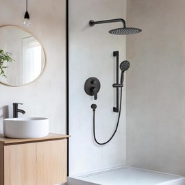gotonovo Slide Bar Shower System Round High Pressure Showerhead and 6-Spray Handheld Combo Shower Faucets Sets Complete Wall Mount Shower Valve and Trim Kit, 12 Inch, Matte Black