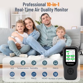 LifeBasis 10 in 1 Room Air Quality Detector Formaldehyde Detector AQI Pollution Monitor with Temperature & Humidity for Testing PM2.5/PM10/HCHO/TVOC/CO2 USB Charging for Home Office Black