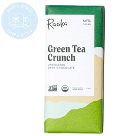 Raaka Chocolate Green Tea Crunch 66% Cacao Dark Chocolate | Gourmet Dark Chocolate Gift | Organic, Vegan, Fair Trade, Soy Free, Non GMO, Gluten Free, Kosher | 1.8oz Bars, 6-Pack